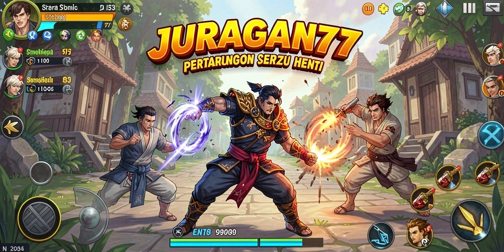 Screenshot dari gameplay JURAGAN77 yang menunjukkan karakter sedang bertarung.