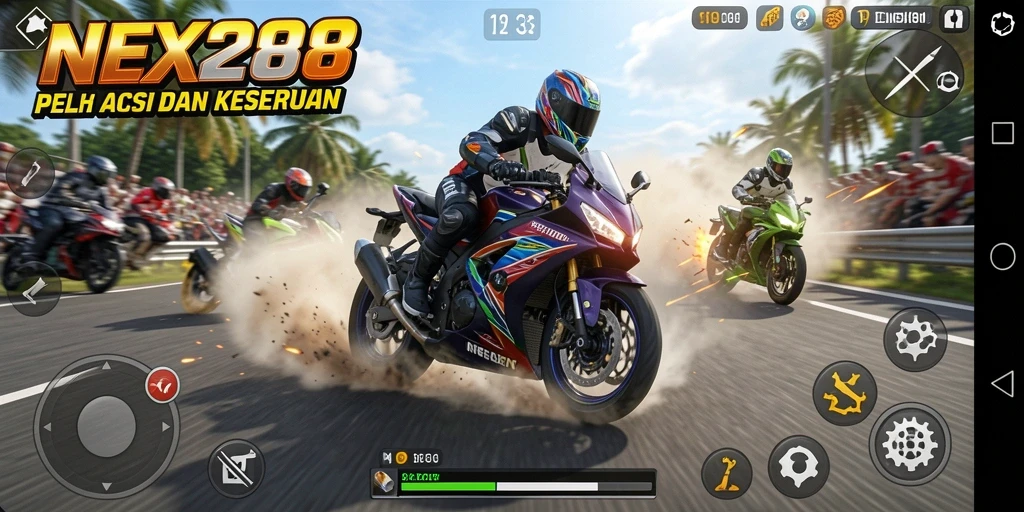Screenshot gameplay NEX288 menunjukkan balapan motor mendebarkan.